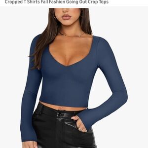 Deep V-Neck Long Sleeve Crop Top in Navy or Brown